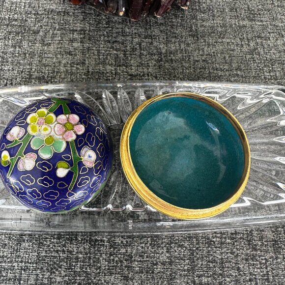 Cloisonne Cobalt Blue Floral Round Mini Trinket Jewelry Vintage Box - Picture 5 of 8
